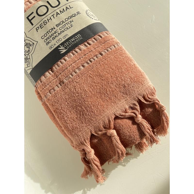 Karawan Authentic Fouta En Coton Biologique Coloris AMBRE Tissée Avec Une Face éponge Franges Nouées à La Main