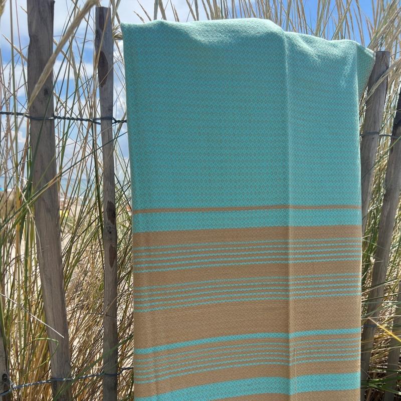 Karawan Authentic Fouta En Coton Biologique Coloris AQUASKY. Tissage Jacquard Nid D'abeilles 100 X 200 Cm