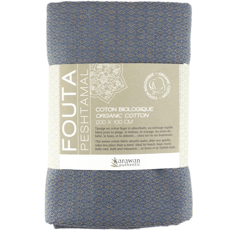 Karawan Authentic Fouta En Coton Biologique Coloris Bleu De Chine. Tissage Jacquard Nid D'abeilles 100 X 200 Cm