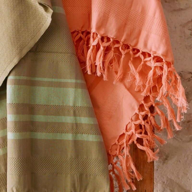 Karawan Authentic Fouta En Coton Biologique Coloris CORAL. Tissage à Plat Et Tissage Nid D'abeille Alternant Rayures Bicolores