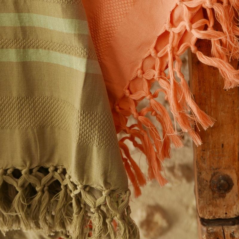 Karawan Authentic Fouta En Coton Biologique Coloris EARTH. Tissage à Plat Et Tissage Nid D'abeille Alternant Rayures Bicolores