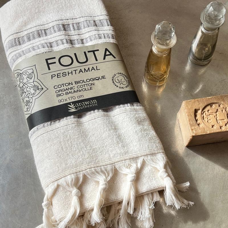 Karawan Authentic Fouta En Coton Biologique Coloris MOONSTONE Tissée Avec Une Face éponge Franges Nouées à La Main