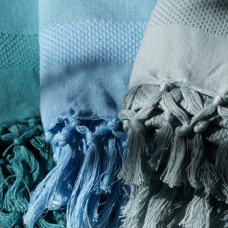 Karawan Authentic Fouta En Coton Biologique Coloris SKY. Tissage à Plat Et Tissage Nid D'abeille Alternant Rayures Bicolores