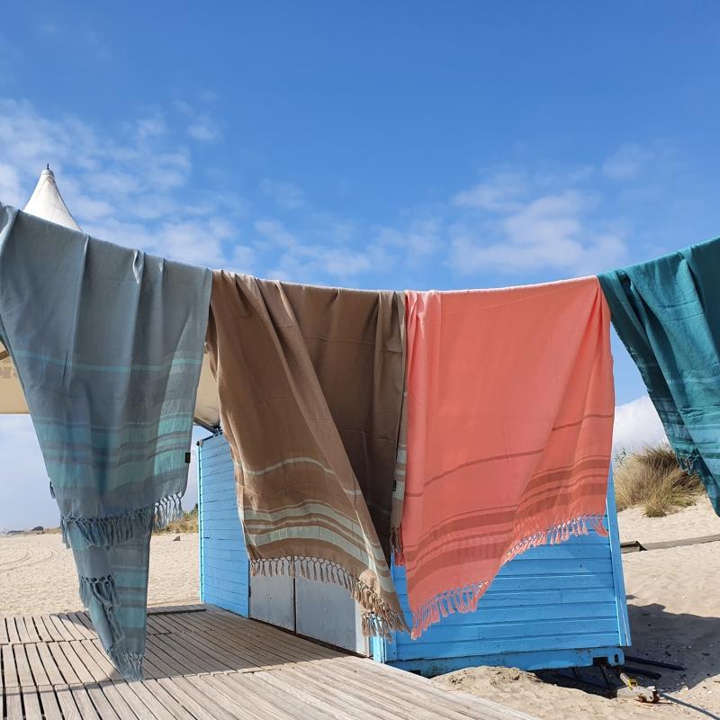 Karawan Authentic Fouta En Coton Biologique Coloris SKY. Tissage à Plat Et Tissage Nid D'abeille Alternant Rayures Bicolores