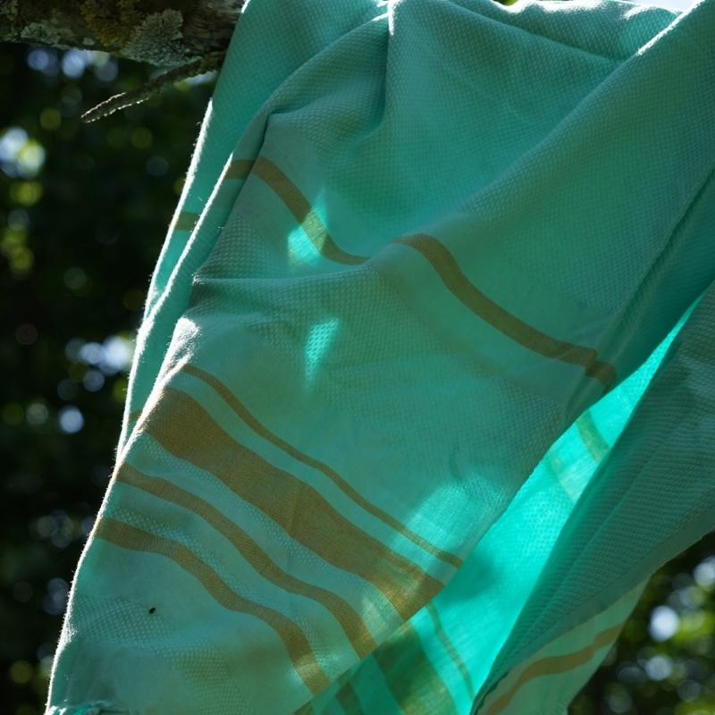 Karawan Authentic Fouta En Coton Biologique Coloris TURKUAZ. Tissage à Plat Et Tissage Nid D'abeille Alternant Rayures Bicolores
