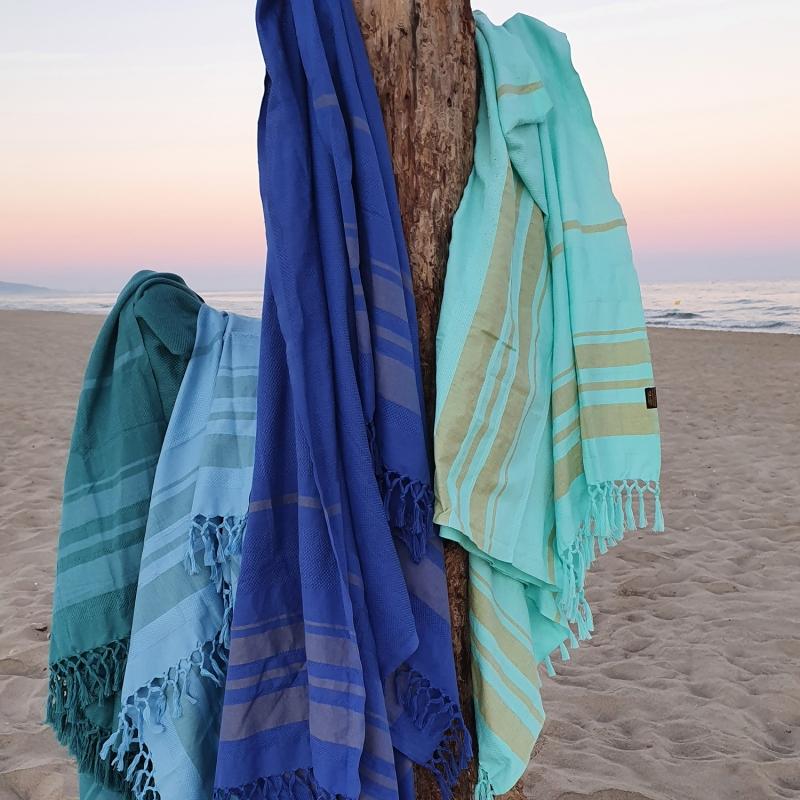 Karawan Authentic Fouta En Coton Biologique Coloris TURKUAZ. Tissage à Plat Et Tissage Nid D'abeille Alternant Rayures Bicolores