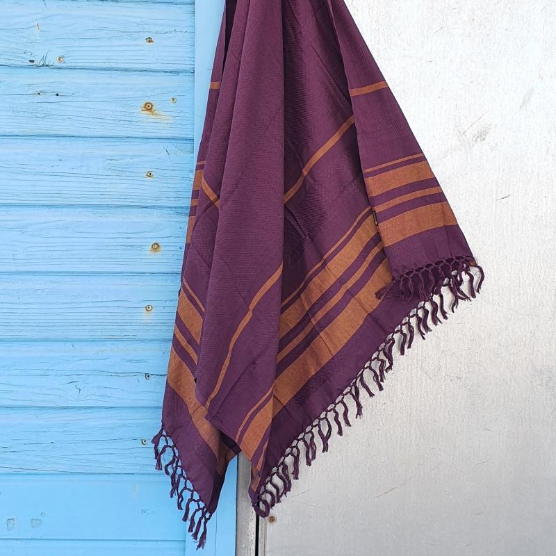 Karawan Authentic Fouta En Coton Biologique Coloris VIOLET. Tissage à Plat Et Tissage Nid D'abeille Alternant Rayures Bicolores