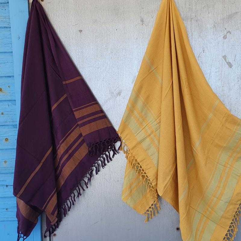 Karawan Authentic Fouta En Coton Biologique Coloris VIOLET. Tissage à Plat Et Tissage Nid D'abeille Alternant Rayures Bicolores