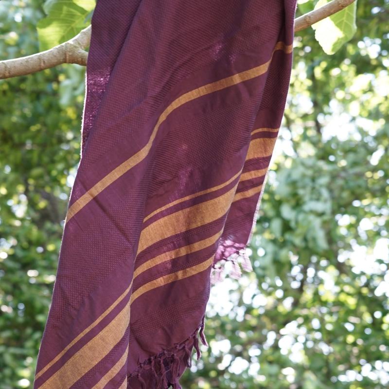 Karawan Authentic Fouta En Coton Biologique Coloris VIOLET. Tissage à Plat Et Tissage Nid D'abeille Alternant Rayures Bicolores
