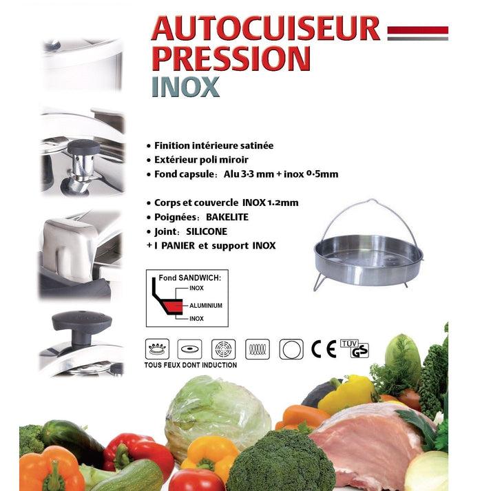 Kitchen Move Autocuiseur Cocotte Minute à étrier Ø24cm 8L CLASSIQUE En Acier Inox Avec Panier Cuisson