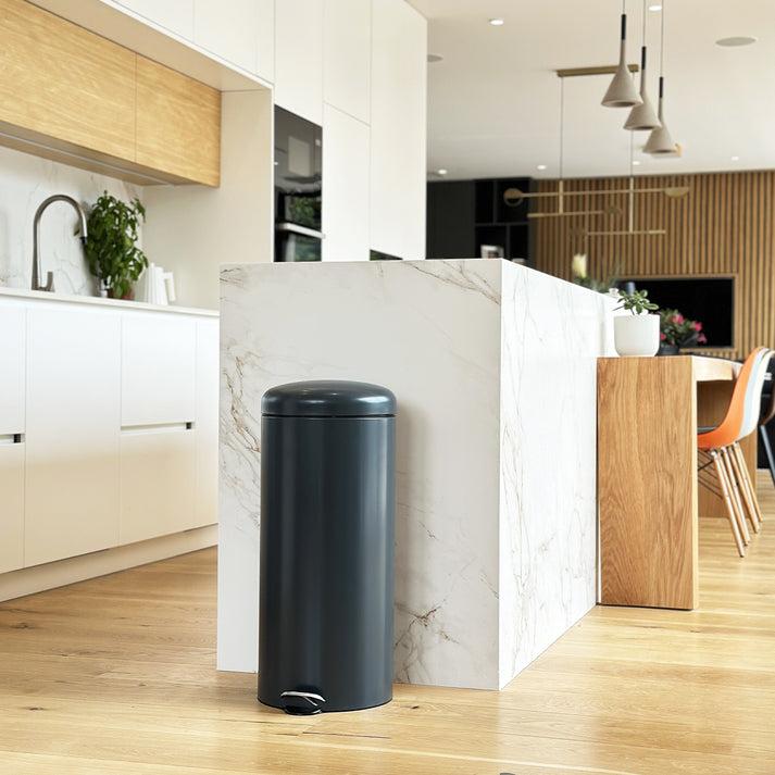 Kitchen Move Poubelle De Cuisine à Pédale Basique Chic Cylindrique 30L URBAN Gris Mat En Acier Inox Avec Seau