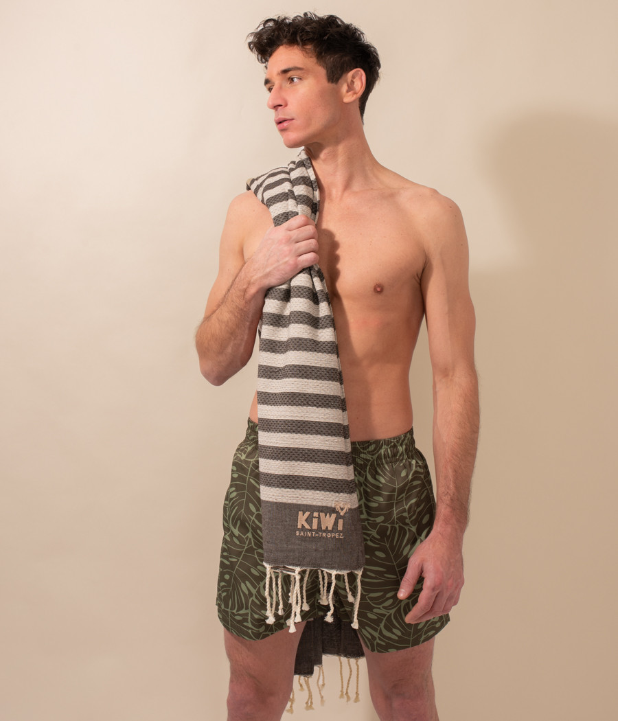 kiwi saint tropez Fouta serviette rayée taupe-noir