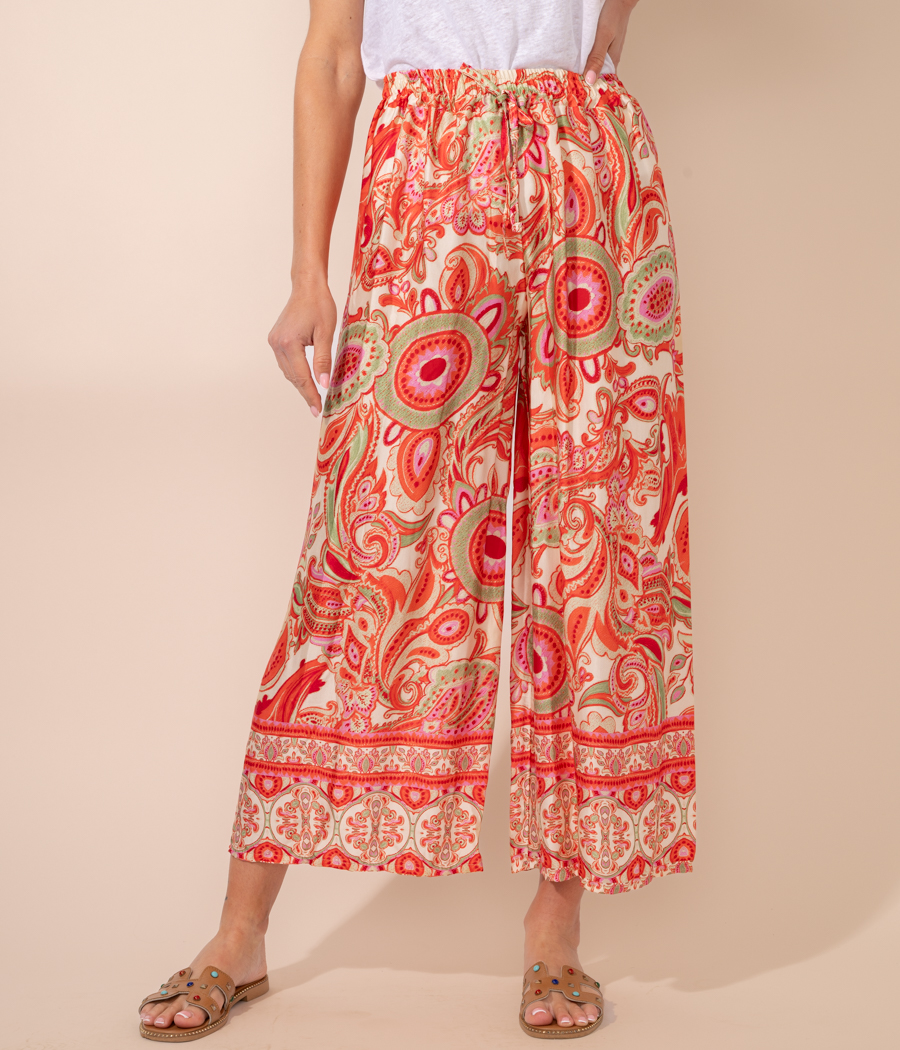 kiwi saint tropez Pantalon femme satin imprimé cachemire