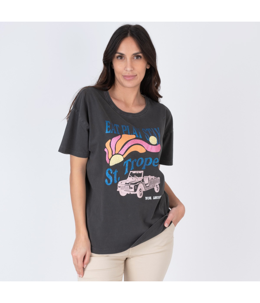 kiwi saint tropez T-shirt femme play Saint Tropez carbone