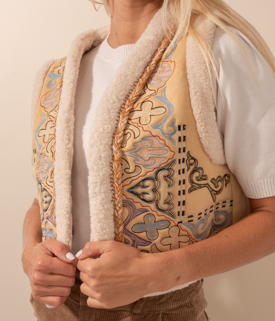 Kiwi Saint Tropez Veston Femme Fourrure Brodé Beige-multico