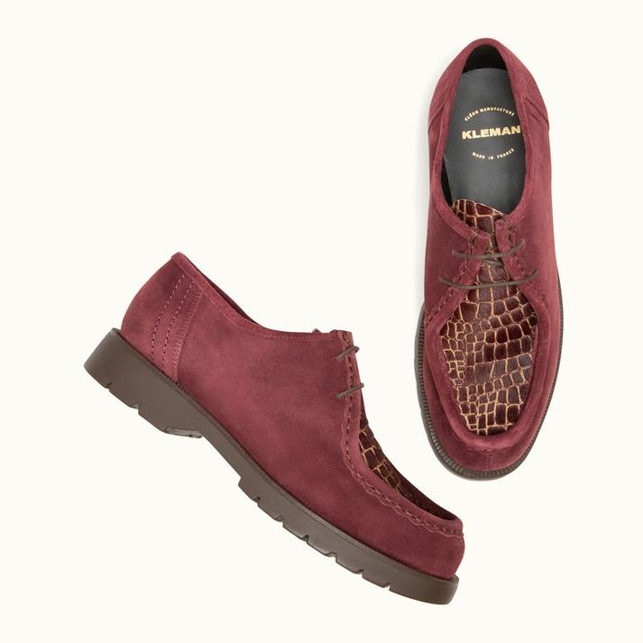 Kleman Derbies Semelle Crantée Croûte Velours Cerise