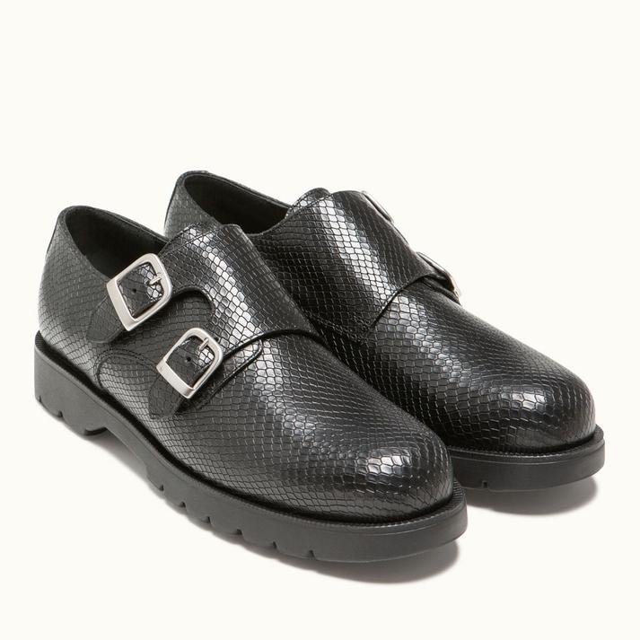 Kleman Chaussures Monk Cuir Lézard Noir