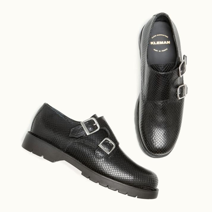 Kleman Chaussures Monk Cuir Lézard Noir