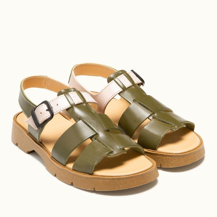 Kleman Sandales à Brides En Cuir Kaki Et Nude