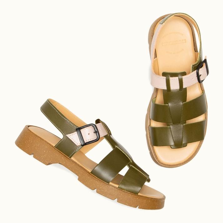 Kleman Sandales à Brides En Cuir Kaki Et Nude