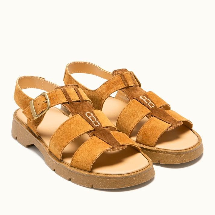 Kleman Sandales Femme Plates à Brides Cuir Cognac