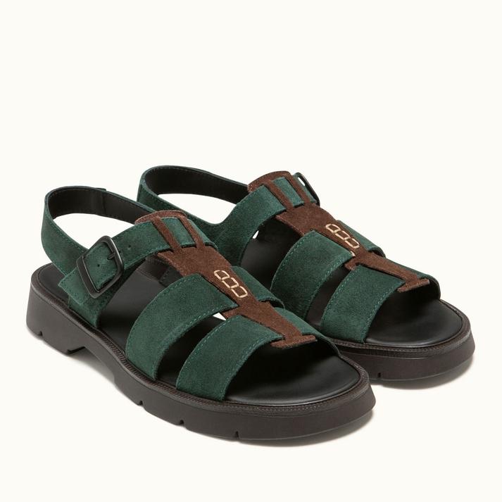 Kleman Sandales Plates à Brides Cuir Velours Vert