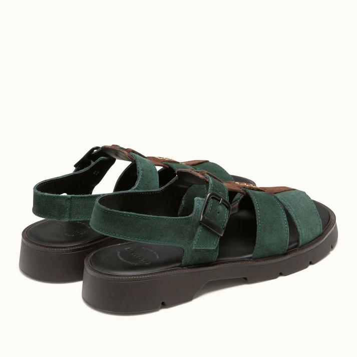 Kleman Sandales Plates à Brides Cuir Velours Vert