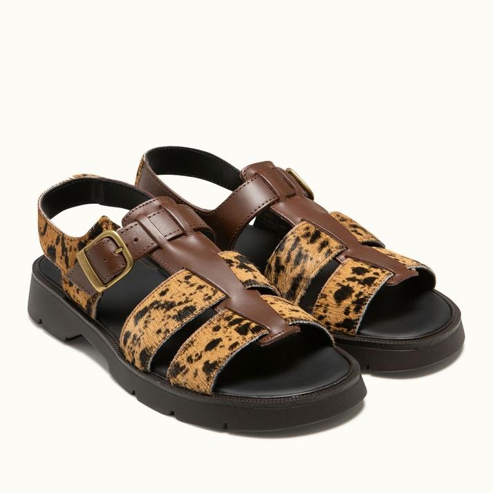 Kleman Sandales à Brides Femme Imprimé Animalier Marron-noir