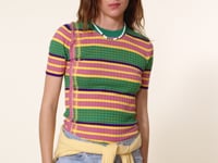 Kujten Pull Bunga Pull Col Rond Rayé à Manches Courtes Soie Et Cachemire 1 Fil