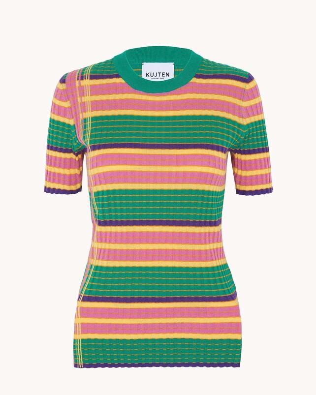 kujten Pull bunga Pull Col Rond Rayé à Manches Courtes Soie et Cachemire 1 fil