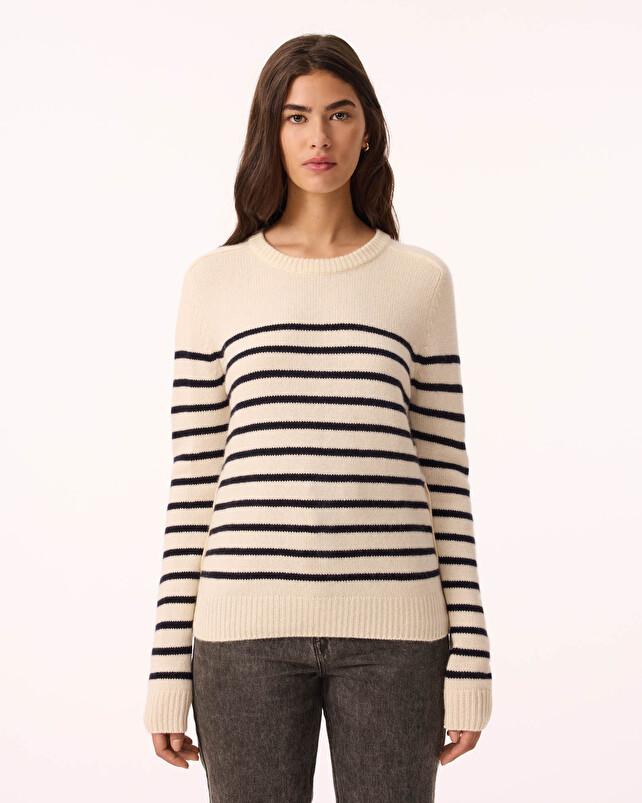 Kujten Pull Nanami Marin Pull Cachemire Femme Col Rond 4 Fils