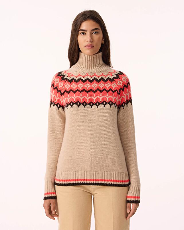 Kujten Pull Stella Jacquard Pull Cachemire Femme Col Cheminée 12 Fils