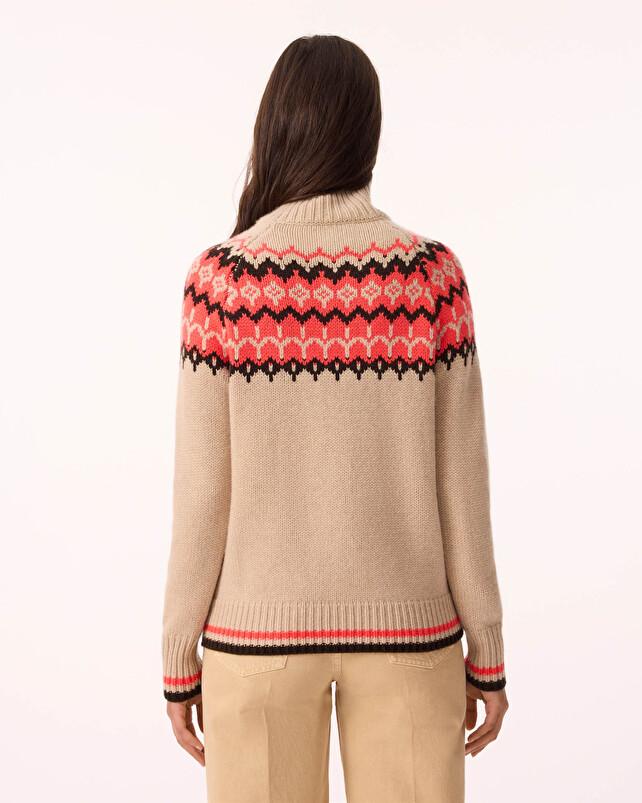 Kujten Pull Stella Jacquard Pull Cachemire Femme Col Cheminée 12 Fils