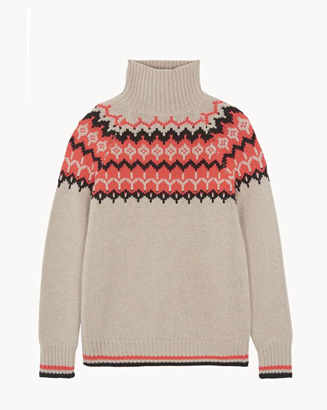 Kujten Pull Stella Jacquard Pull Cachemire Femme Col Cheminée 12 Fils