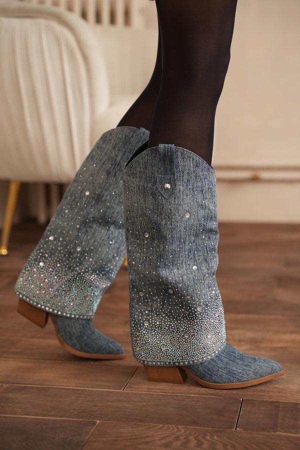 la bottine souriante Bottes de Cowboy en Denim Étoilées