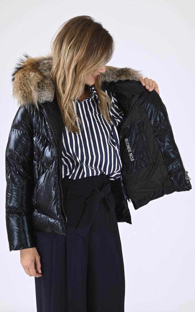 La Canadienne Doudoune Courte Capuche Fourrure Noir Métallisé