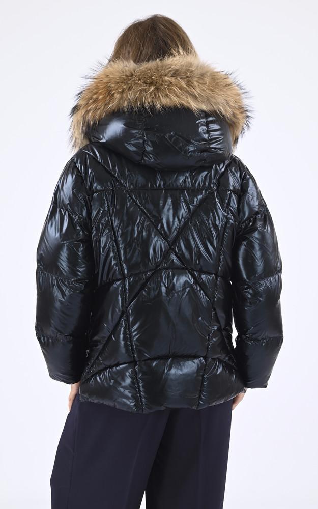 La Canadienne Doudoune Courte Capuche Fourrure Noir Métallisé