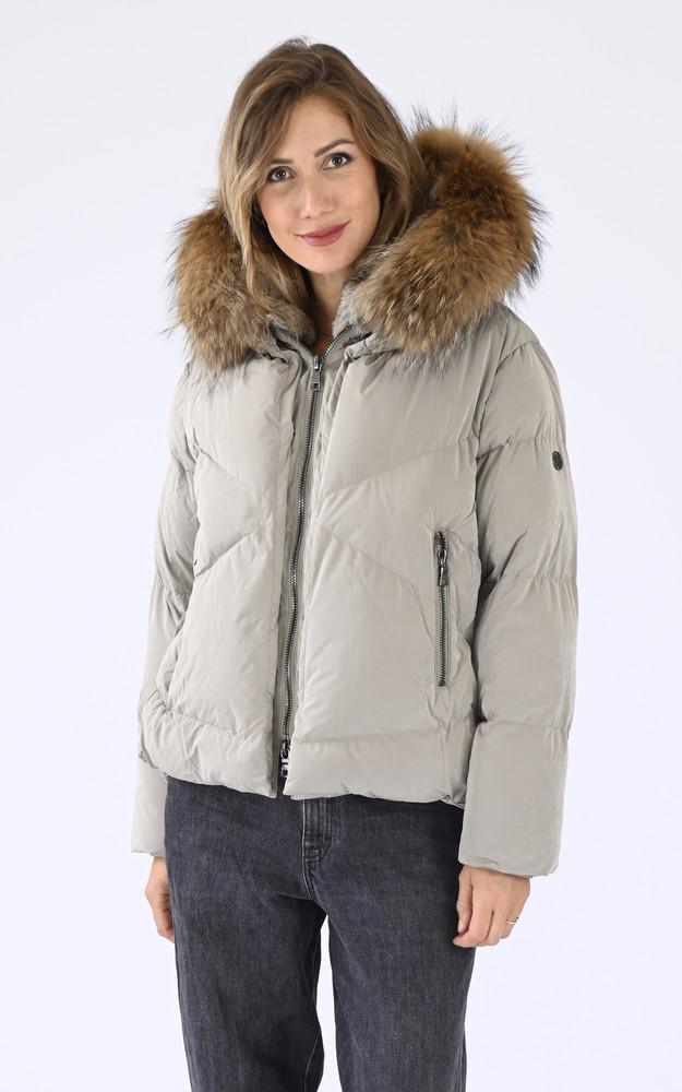 la canadienne Doudoune courte capuche fourrure sauge