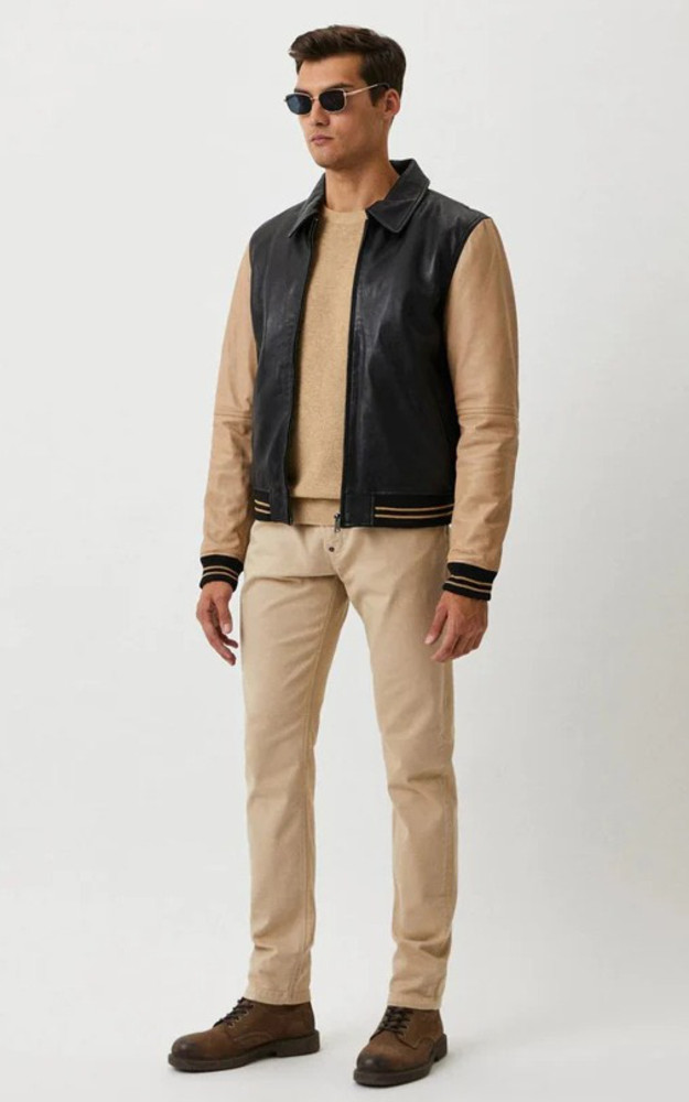 La Canadienne Blouson Bomber Cuir Bear Noir Beige