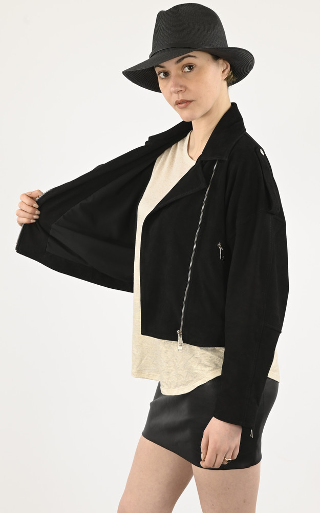 La Canadienne Blouson Oversize Cuir Velours Noir