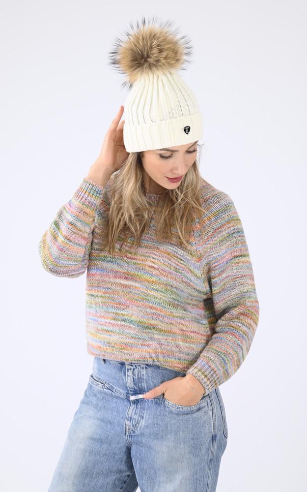 la canadienne Bonnet laine et raccoon blanc