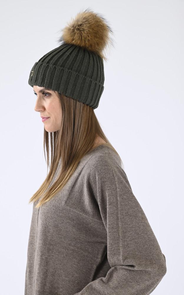 La Canadienne Bonnet Laine Et Raccoon Kaki