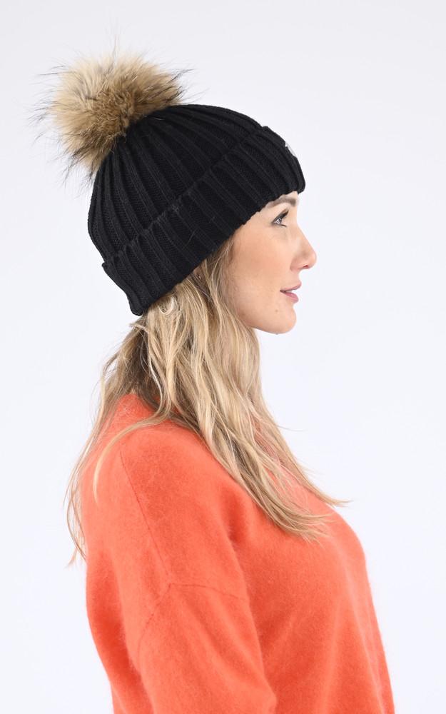 La Canadienne Bonnet Laine Et Raccoon Noir