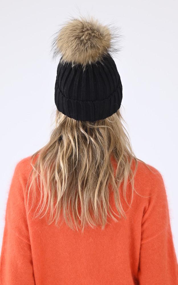 La Canadienne Bonnet Laine Et Raccoon Noir