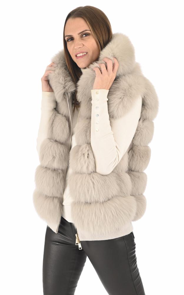 La Canadienne Gilet Capuche Renard Gris Perle