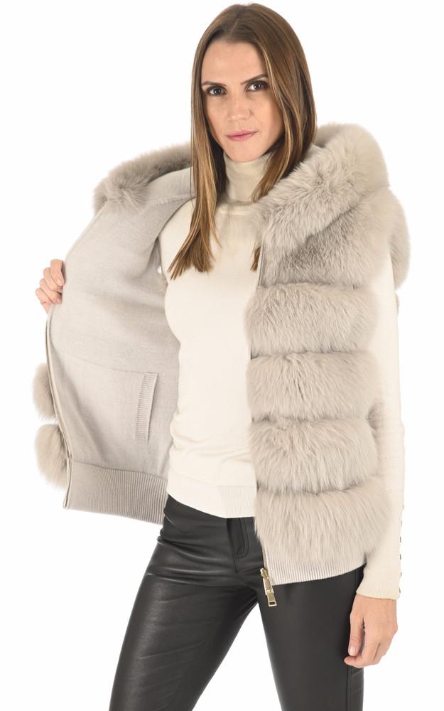 La Canadienne Gilet Capuche Renard Gris Perle