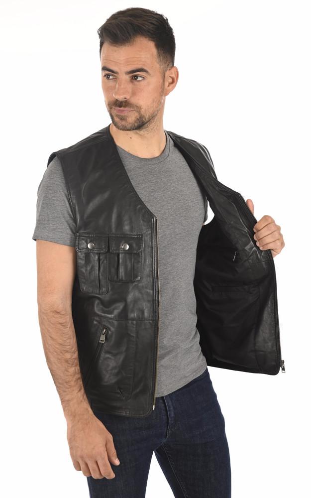 La Canadienne Gilet Reporter Cuir Noir