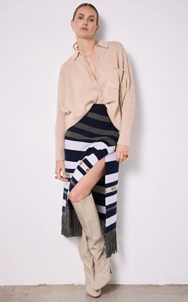 La Canadienne Jupe Fendue Cachemire Bleu Marine