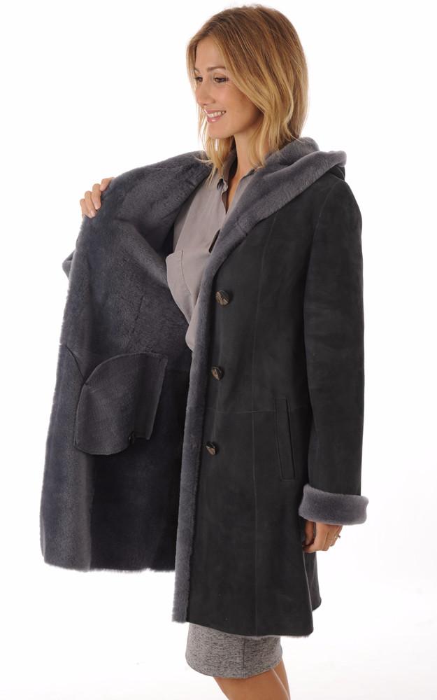 La Canadienne Manteau Peau Lainée Mérinos Bleu