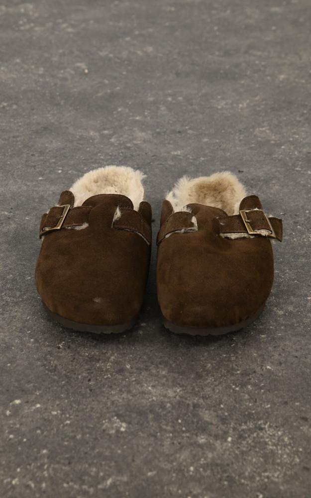 la canadienne Mules fourrées cuir et mouton marron